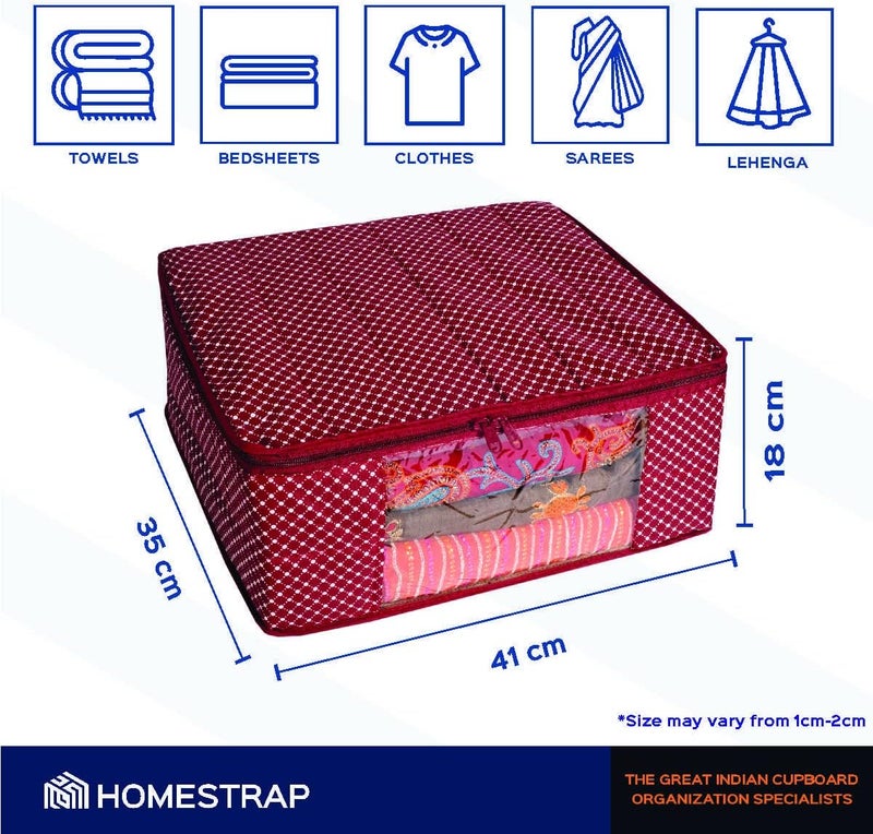HomeStrap set of 6 Cotton Quilted 3 Layered Foldable Saree Covers / Clothes Storage Bag / Wardrobe Organizer With Transparent Window And Zip For Lehenga, Suit, Dress,& Accessories (Maroon) - Image 3