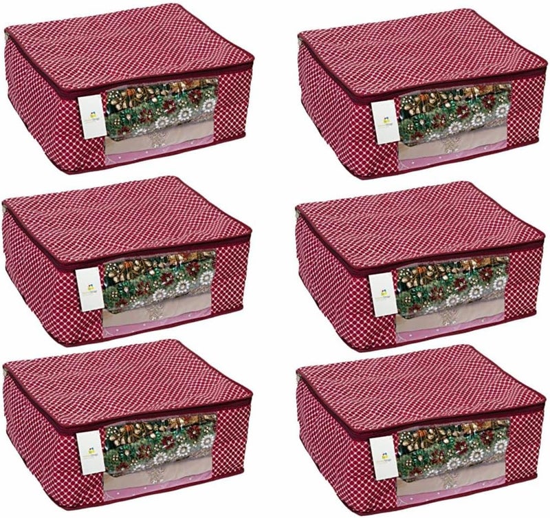HomeStrap set of 6 Cotton Quilted 3 Layered Foldable Saree Covers / Clothes Storage Bag / Wardrobe Organizer With Transparent Window And Zip For Lehenga, Suit, Dress,& Accessories (Maroon) - Image 1