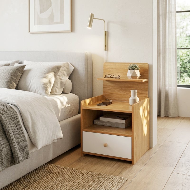 Sharpdo 35*35*60cm Wooden Nightstand with a Drawer, Multifunctional Bedside Table, Natural Wood Grain Finish, Modern End Table for Bedroom, Living Room, Entryway - Image 3