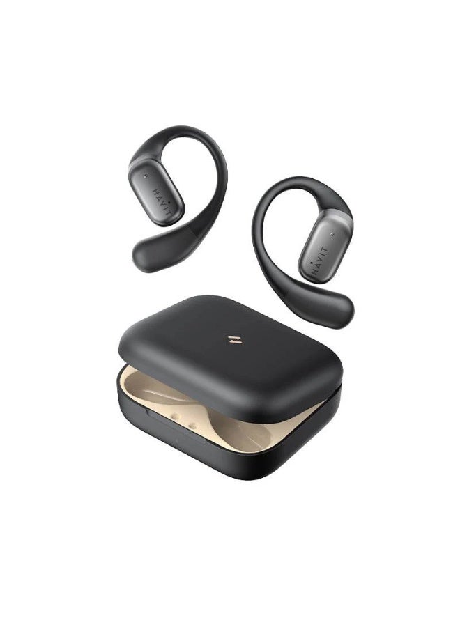 havit Open-Ear True Wireless Bluetooth Earbuds with Microphone, Secure Earhooks, Air Conduction Technology, Superior Stereo Sound, Sweat-Resistant Design, Fast Charging, Up to 25 Hours Playtime with Charging Case, Sports Headphones for Active Lifestyles – Black - Image 1