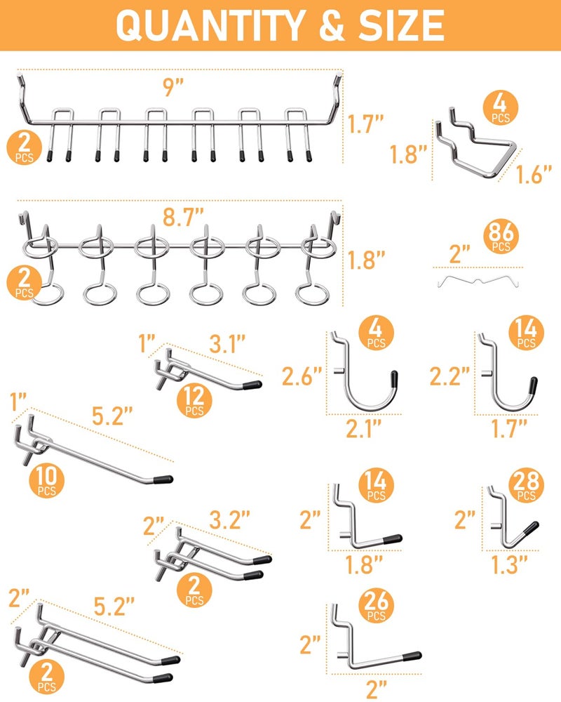 INCLY 1/4" Pegboard Hooks Set for Hanging, 206PCS Heavy Duty Peg Board Hooks & Hangers Only Fit 1/4 Inch Pegboard for Tools Crafts Assortment Garage Organizer Attachment Peg Board Accessories - Image 5