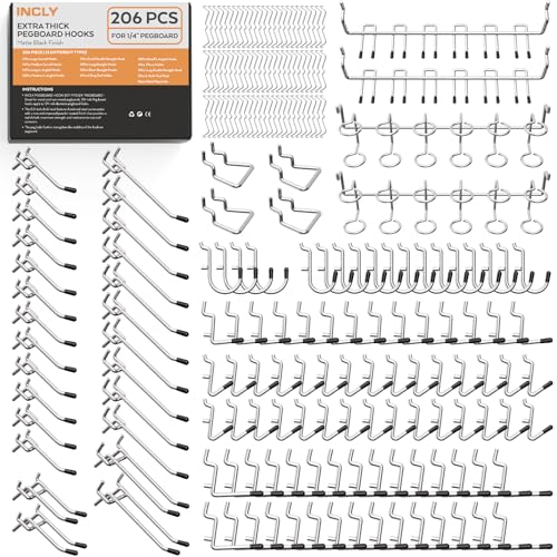 INCLY 1/4" Pegboard Hooks Set for Hanging, 206PCS Heavy Duty Peg Board Hooks & Hangers Only Fit 1/4 Inch Pegboard for Tools Crafts Assortment Garage Organizer Attachment Peg Board Accessories - Image 1