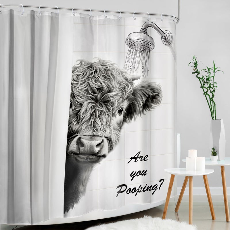Mitpok Funny Cow Shower Curtain 60Wx72H Western Highland Cow Black White Farmhouse Farm Animal Bull Cattle Cute Fun Rustic Bathroom Decor Hilarious Bath Curtain Fabric Polyester 12 Pack Hooks - Image 3