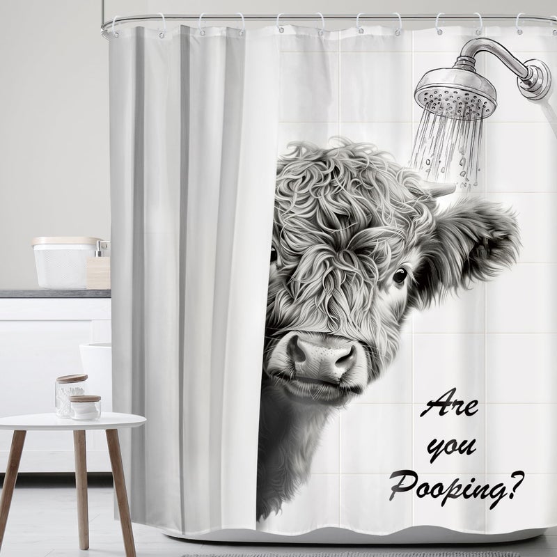 Mitpok Funny Cow Shower Curtain 60Wx72H Western Highland Cow Black White Farmhouse Farm Animal Bull Cattle Cute Fun Rustic Bathroom Decor Hilarious Bath Curtain Fabric Polyester 12 Pack Hooks - Image 1