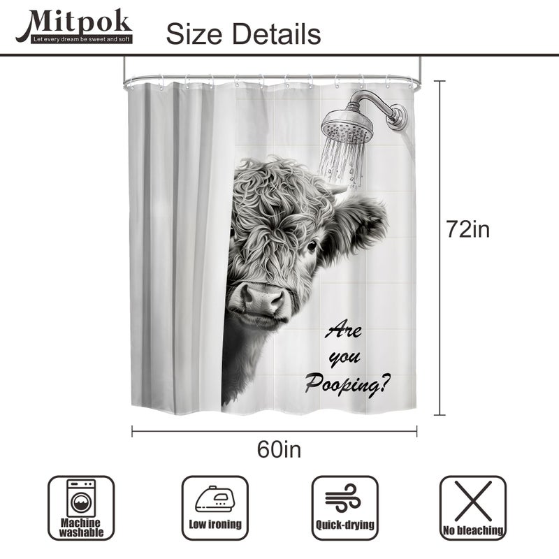 Mitpok Funny Cow Shower Curtain 60Wx72H Western Highland Cow Black White Farmhouse Farm Animal Bull Cattle Cute Fun Rustic Bathroom Decor Hilarious Bath Curtain Fabric Polyester 12 Pack Hooks - Image 5