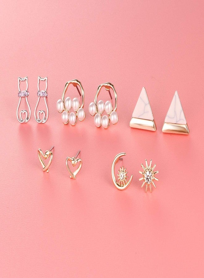 TAMHOO 32 Pairs Assorted Stainless Steel Stud Earrings for Teens Girls Women-Cute Animal Faux Pearl Cat Elephant Sun Moon Star CZ Twise Heart Geometric Pattern Small Statement Bar Stud Earring Set - Image 5