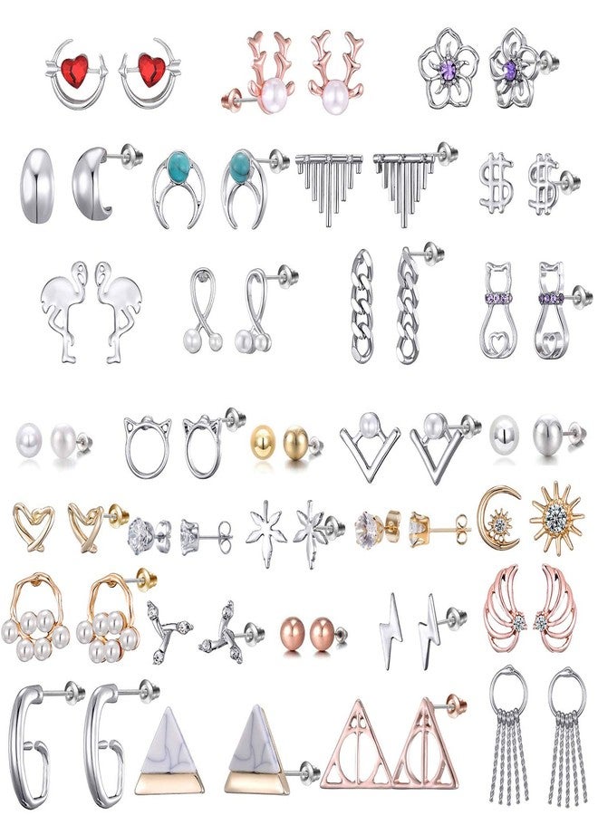 TAMHOO 32 Pairs Assorted Stainless Steel Stud Earrings for Teens Girls Women-Cute Animal Faux Pearl Cat Elephant Sun Moon Star CZ Twise Heart Geometric Pattern Small Statement Bar Stud Earring Set - Image 1