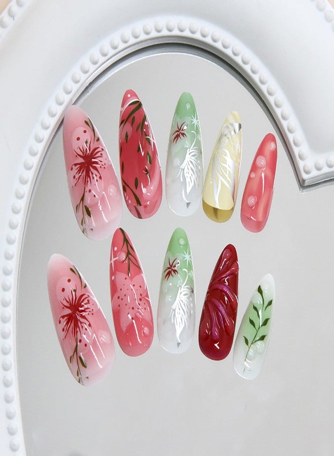 KKUUOO 24Pcs Almond Press on Nails, Reusable Acrylic Fake Nails with 3D Pearl Flower Designs, Full Cover Stick on Nails for Women Girls - Image 5