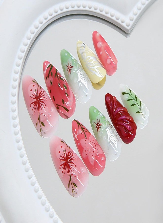KKUUOO 24Pcs Almond Press on Nails, Reusable Acrylic Fake Nails with 3D Pearl Flower Designs, Full Cover Stick on Nails for Women Girls - Image 4
