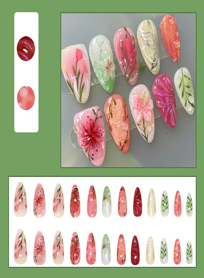 KKUUOO 24Pcs Almond Press on Nails, Reusable Acrylic Fake Nails with 3D Pearl Flower Designs, Full Cover Stick on Nails for Women Girls - Image 3