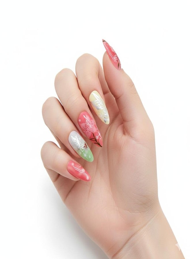 KKUUOO 24Pcs Almond Press on Nails, Reusable Acrylic Fake Nails with 3D Pearl Flower Designs, Full Cover Stick on Nails for Women Girls - Image 1