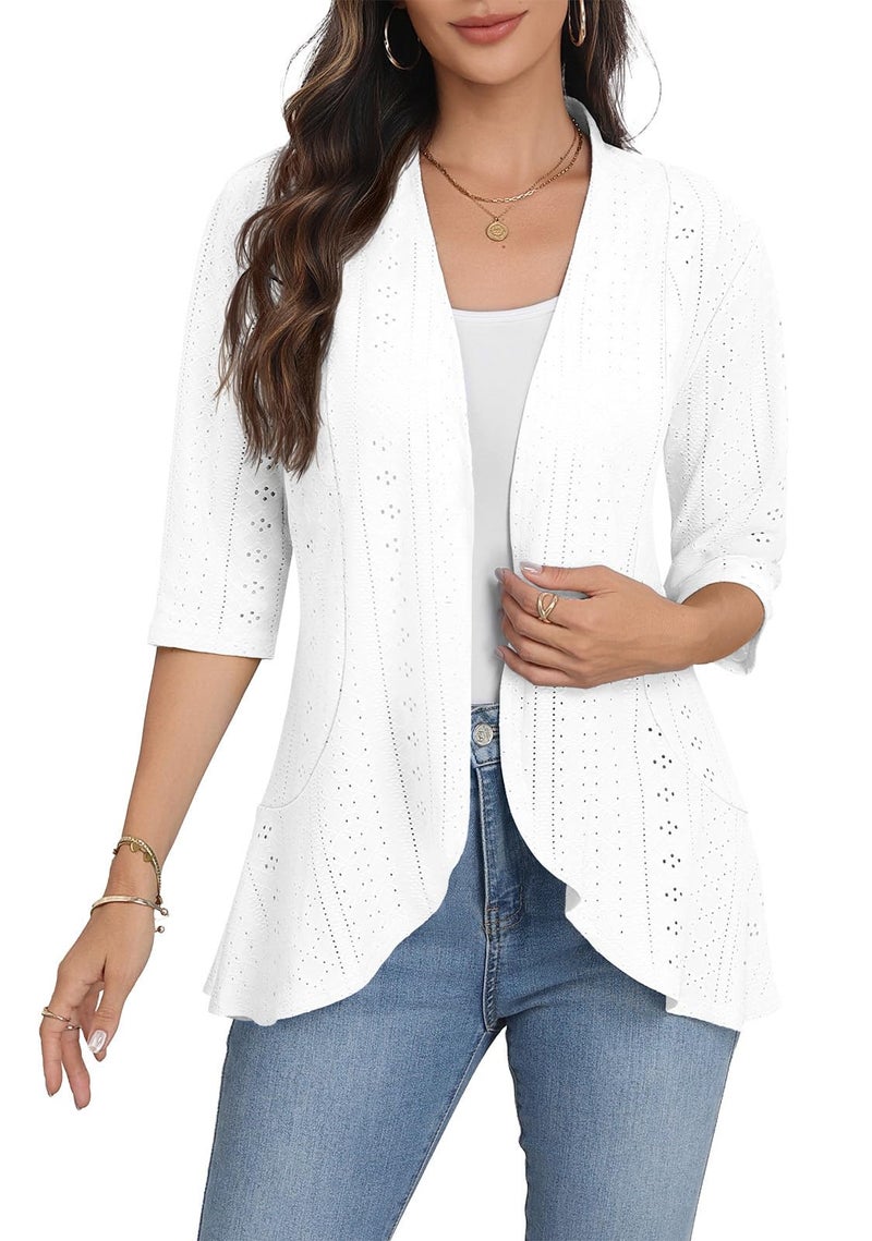 Askyes Women's Casual Cardigan Eyelet Embroidery Open Front Loose Fit Spring Lightweight Beach Cardigan 3/4 Sleeve,White,XL - Image 1