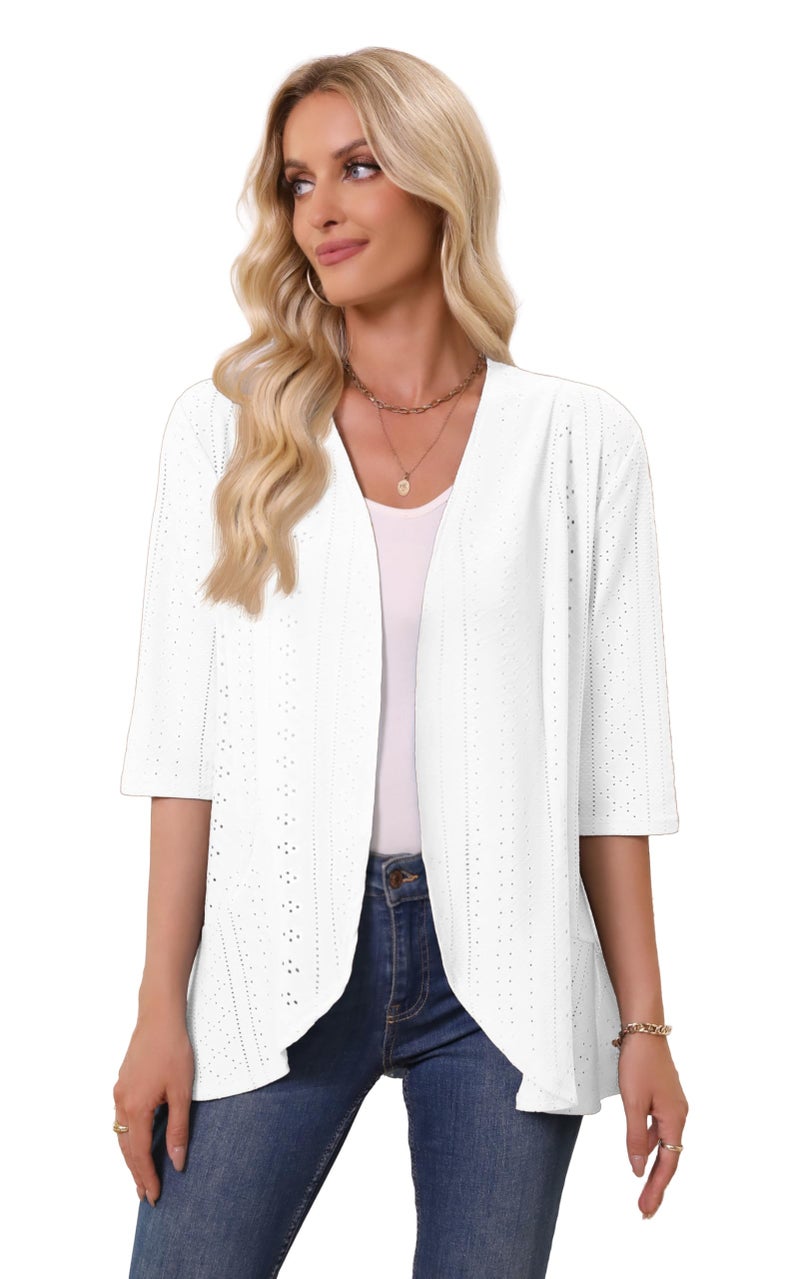 Askyes Women's Casual Cardigan Eyelet Embroidery Open Front Loose Fit Spring Lightweight Beach Cardigan 3/4 Sleeve,White,XL - Image 4