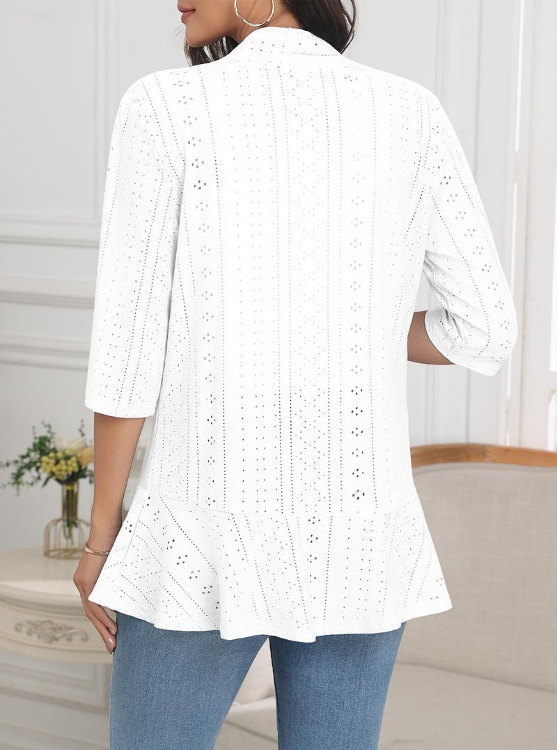 Askyes Women's Casual Cardigan Eyelet Embroidery Open Front Loose Fit Spring Lightweight Beach Cardigan 3/4 Sleeve,White,XL - Image 3