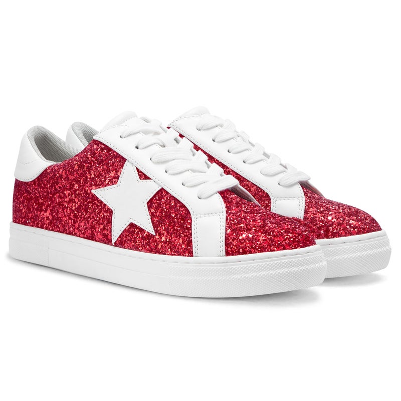 PARTY Women's Glitter Fashion Star Sneakers Low Top Platform Lace Up Comfortable Wedding Walking Shoes,Red Glitter,8 - Image 1