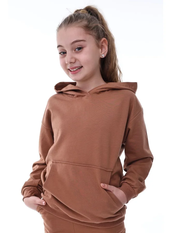 zuzunga Basic Hooded Raglan Kangaroo Pocket Detailed Kids Sweatshirt 3-10 Years Brown.