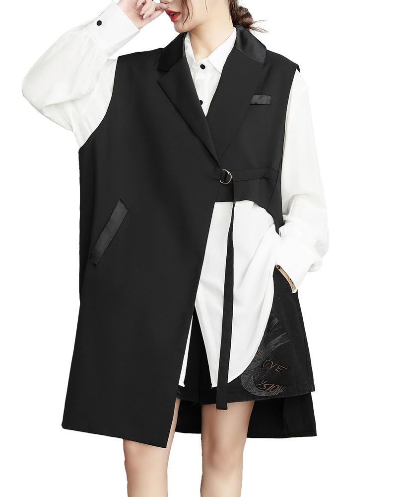 ellazhu Women's Funky Lapel Collar Cardigan Vest Solid Color Sleeveless Outerwear GZ121 Black - Image 1