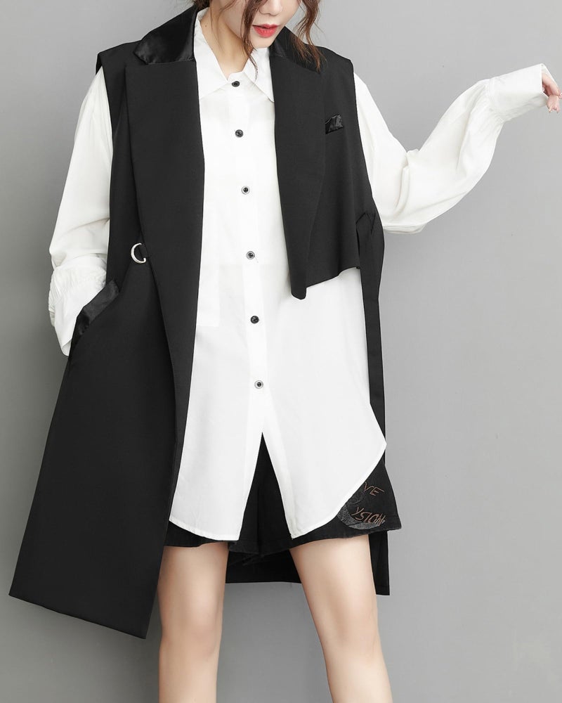 ellazhu Women's Funky Lapel Collar Cardigan Vest Solid Color Sleeveless Outerwear GZ121 Black - Image 2