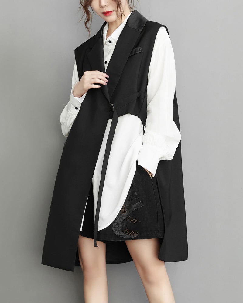 ellazhu Women's Funky Lapel Collar Cardigan Vest Solid Color Sleeveless Outerwear GZ121 Black - Image 3