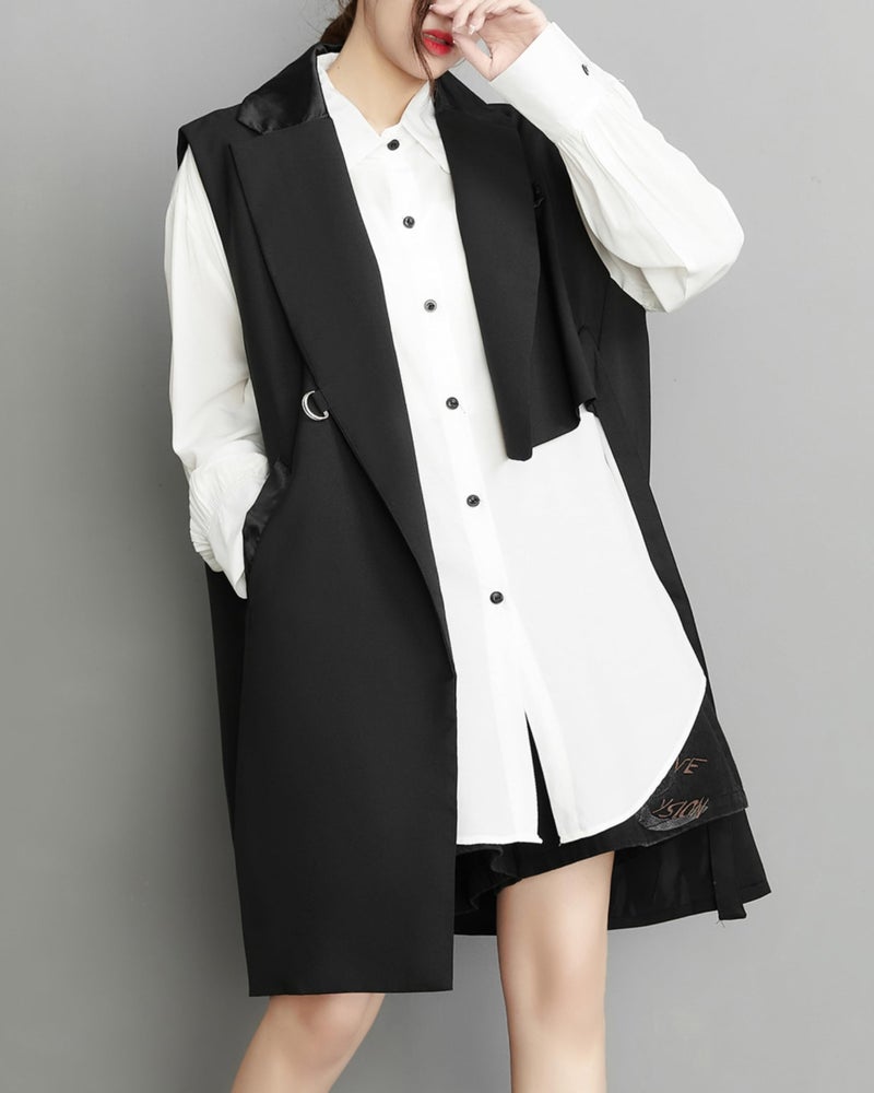 ellazhu Women's Funky Lapel Collar Cardigan Vest Solid Color Sleeveless Outerwear GZ121 Black - Image 4