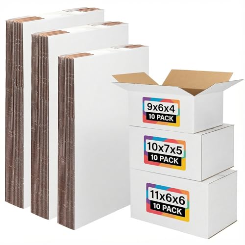 EXYGLO 30 Pack 9x6x4, 10x7x5, 11x6x6 Assorted Sizes Shipping Boxes for Small Business, Each Size 10 Pack, White Corrugated Cardboard Small Box for Packaging, Moving, Mailing, and Storing - Image 1