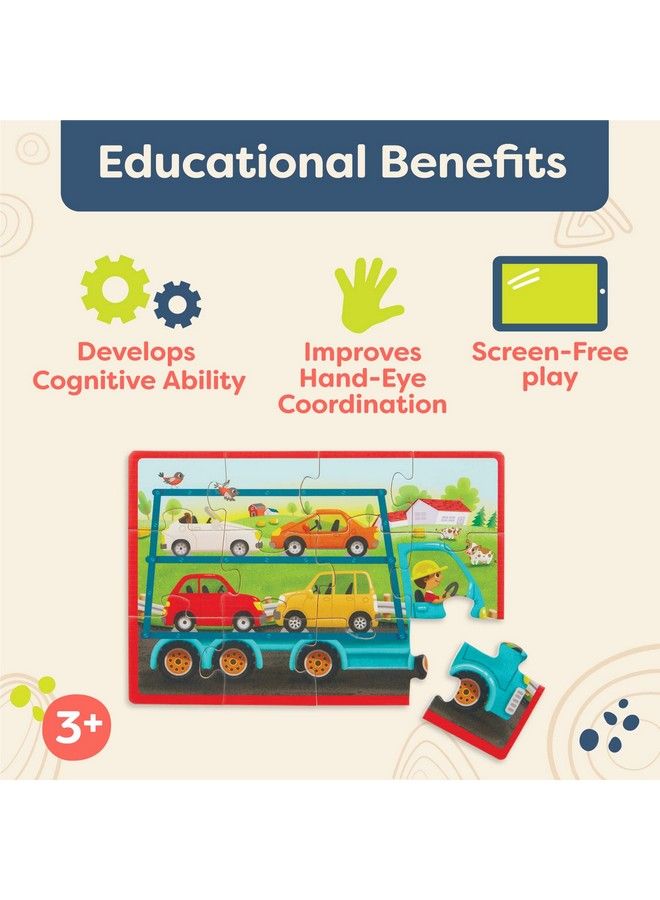 B. Toys Wooden Puzzle Set 4 Truck Puzzles Car Carrier Loader Excavator Dump Truck 12Piece Jigsaw Puzzles For Kids 3 Years + Pack Opuzzles Trucks - Image 4