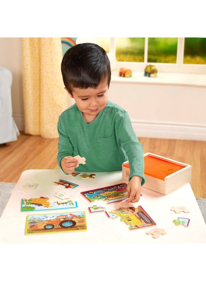 B. Toys Wooden Puzzle Set 4 Truck Puzzles Car Carrier Loader Excavator Dump Truck 12Piece Jigsaw Puzzles For Kids 3 Years + Pack Opuzzles Trucks - Image 3