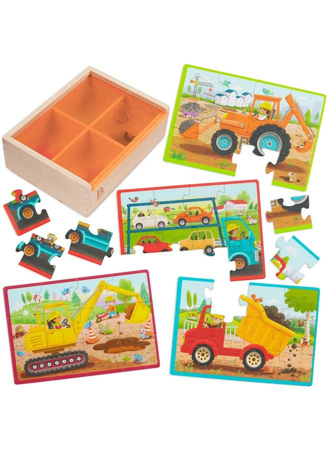 B. Toys Wooden Puzzle Set 4 Truck Puzzles Car Carrier Loader Excavator Dump Truck 12Piece Jigsaw Puzzles For Kids 3 Years + Pack Opuzzles Trucks - Image 1