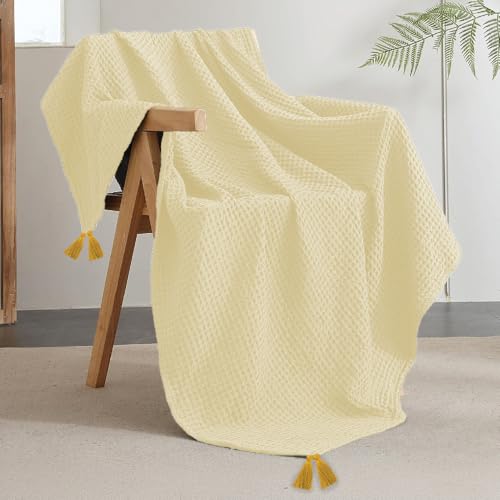 Urban Space 100% Cotton Waffle Throw Blanket, Soft Decorative Throw for Living Room, Sofa, Chair and Couch, Handmade,Reversible and Breathable Throw with Tassels (Size - 50 x 70 Inches, Beige)-200 TC - Image 1