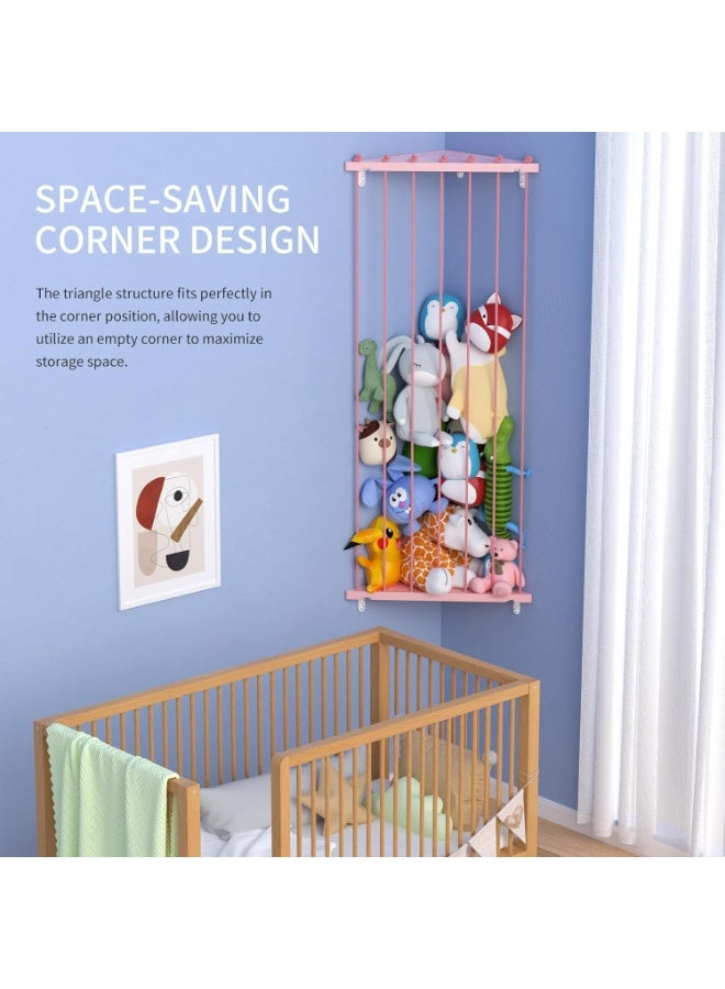 Befayoo Stuffed Animal Storage Shelf Organizer(Patented) - Corner Stuffed Animal Holder Length Adjustable - Wall Plush Storage for Nursery Playroom Bedroom Kids Room (Pink+Light, Standard) - Image 4