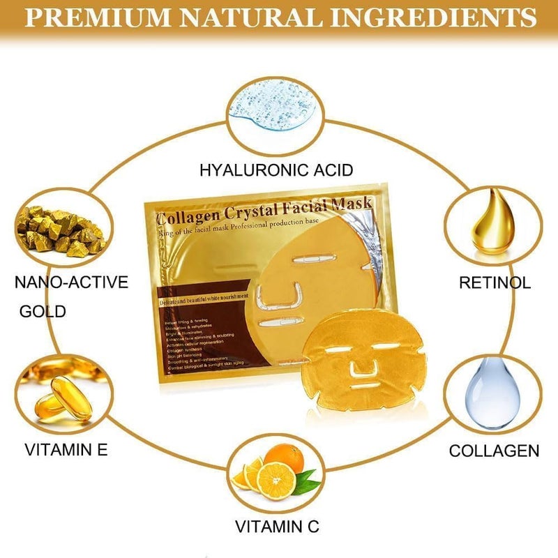 KRLZ 24K Gold Gel Facial Masks Collagen Crystal Sheet Patch For Anti Aging Puffiness Anti Wrinkle Moisturizing Deep Tissue Rejuvenation and Hydrates Skin5 Pcs - Image 3