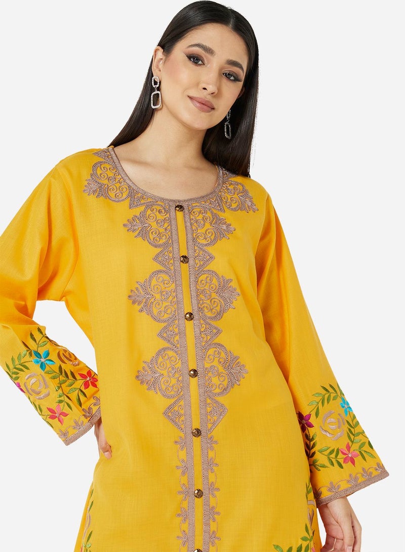 HANA & SARA HIGH QUALITY SLUB RAYON JALBIYA WITH MULTICOLOR THICK MOROCAN THREAD EMBROIDERY - Image 3