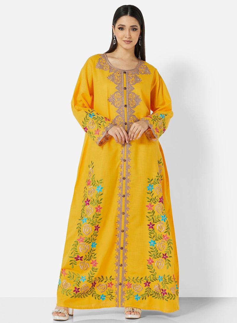 HANA & SARA HIGH QUALITY SLUB RAYON JALBIYA WITH MULTICOLOR THICK MOROCAN THREAD EMBROIDERY - Image 1