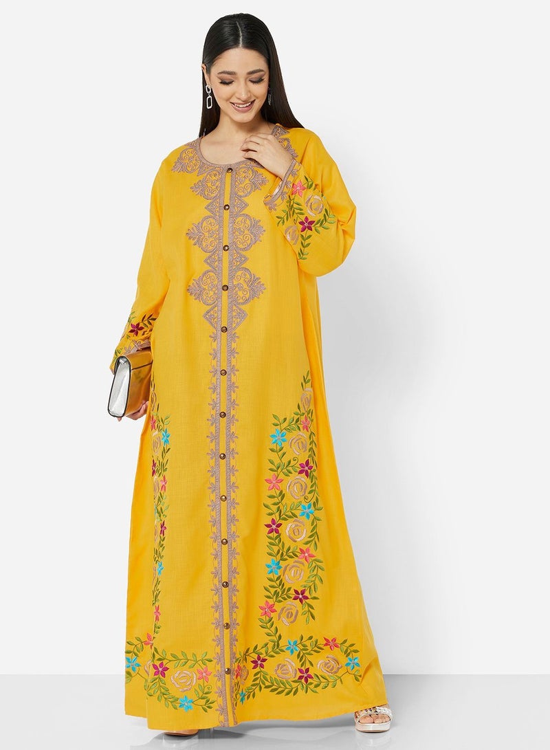 HANA & SARA HIGH QUALITY SLUB RAYON JALBIYA WITH MULTICOLOR THICK MOROCAN THREAD EMBROIDERY - Image 4