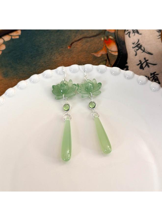 New Chinese Lotus Cat's Eye Stone Long Water Drop Earrings Women's New National Style Hanfu Antique Ear Hook Ear Jewelry 