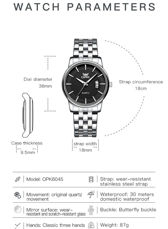 Opk Stainless Steel Strap, Simple Single Calendar, Men'S Luminous Waterproof Quartz Watch - 6045 Steel Strap, Natural Black. - Image 3