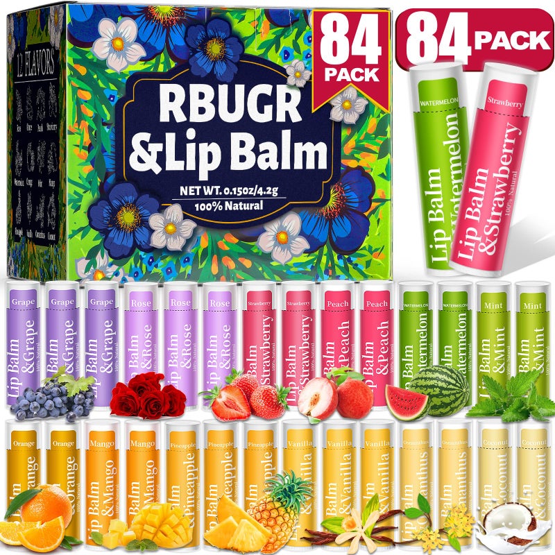 RBUGR 84 Pack of Lip Balm 12 Flavored Lip Balms Natural Organic Vitamin E Lip Balms Pack for Dry Cracked Lips Moisturising Lip Balm Bulk Gifts Stocking Stuffers Party Favors42g015oz