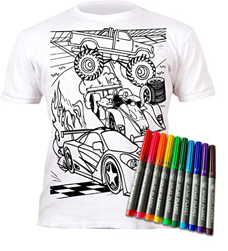 Splat Planet Color in Cars T-Shirt with 10 Non-Toxic Washable Magic Pens (7-8 Years) White - Image 1