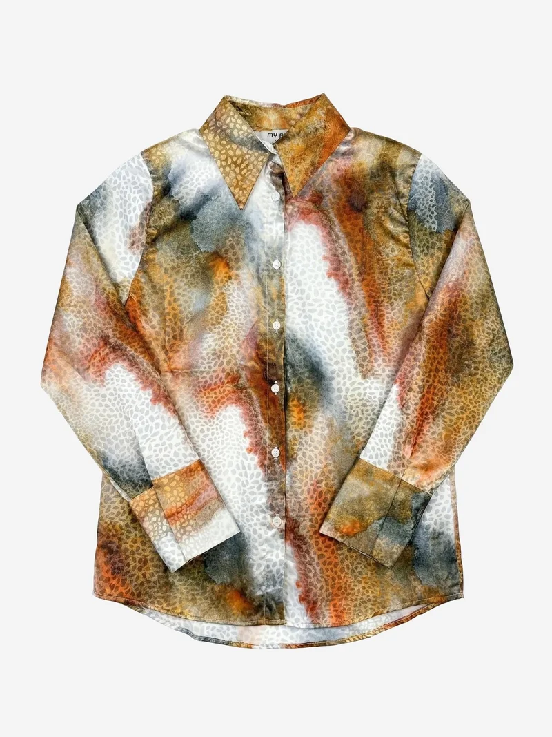 My Fashion Coffee Brown MY FASHION Abstract Print Buttoned Long Sleeve Shirt for Women | Best Price UAE