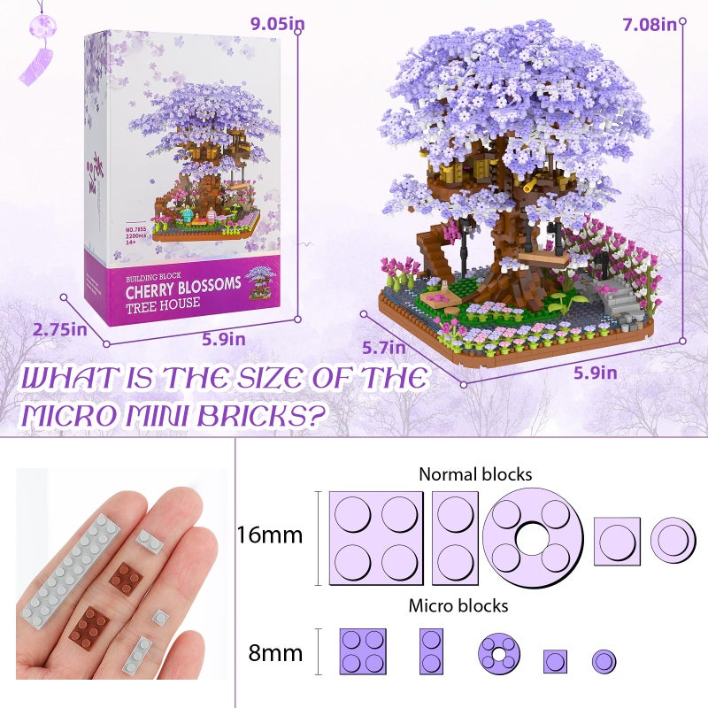 Newabwn Cherry Blossom Bonsai Tree Mini Micro Building مجموعة يابانية Sakura Tree House Model مجموعات للبالغين الزهور House Mini Bricks Kit Toys Creative Gift For Kids 12-14 (2200pcs) - Image 2
