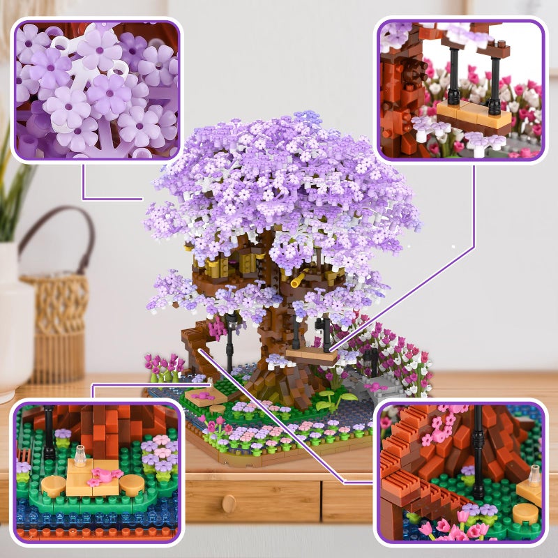 Newabwn Cherry Blossom Bonsai Tree Mini Micro Building مجموعة يابانية Sakura Tree House Model مجموعات للبالغين الزهور House Mini Bricks Kit Toys Creative Gift For Kids 12-14 (2200pcs) - Image 3