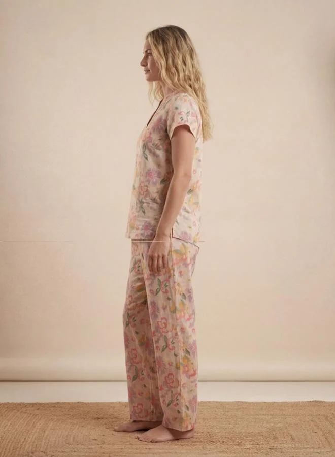 Mish Beige Floral Printed Nightwear Top With Matching Pants