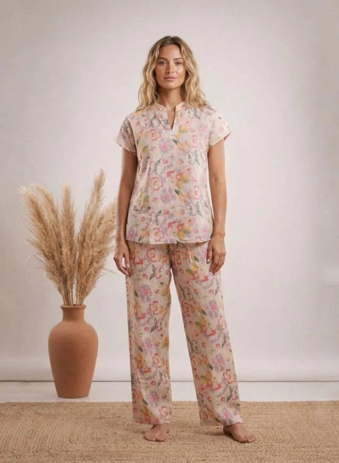 Mish Beige Floral Printed Nightwear Top With Matching Pants