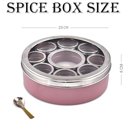 Elan Stainless Steel Masala Box | Spice Storage Container | Masala Dani With 9 Containers and Small Spoon | Masala Dabba For Kitchen See Through Lid | Kitchen Spice Organiser (Mauve) - Image 2