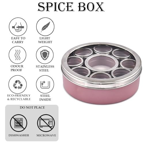 Elan Stainless Steel Masala Box | Spice Storage Container | Masala Dani With 9 Containers and Small Spoon | Masala Dabba For Kitchen See Through Lid | Kitchen Spice Organiser (Mauve) - Image 4