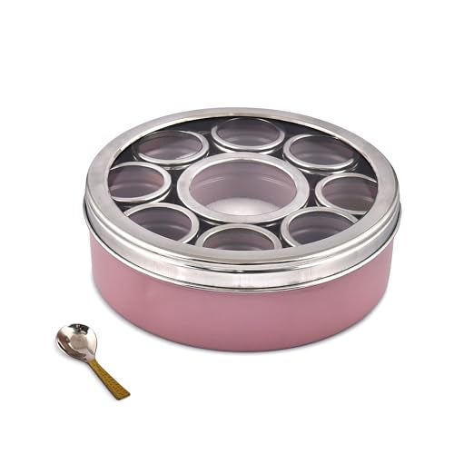 Elan Stainless Steel Masala Box | Spice Storage Container | Masala Dani With 9 Containers and Small Spoon | Masala Dabba For Kitchen See Through Lid | Kitchen Spice Organiser (Mauve) - Image 5