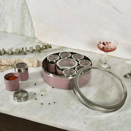 Elan Stainless Steel Masala Box | Spice Storage Container | Masala Dani With 9 Containers and Small Spoon | Masala Dabba For Kitchen See Through Lid | Kitchen Spice Organiser (Mauve) - Image 1