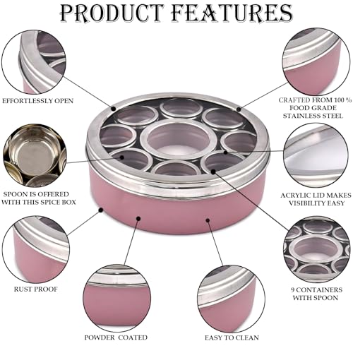 Elan Stainless Steel Masala Box | Spice Storage Container | Masala Dani With 9 Containers and Small Spoon | Masala Dabba For Kitchen See Through Lid | Kitchen Spice Organiser (Mauve) - Image 3