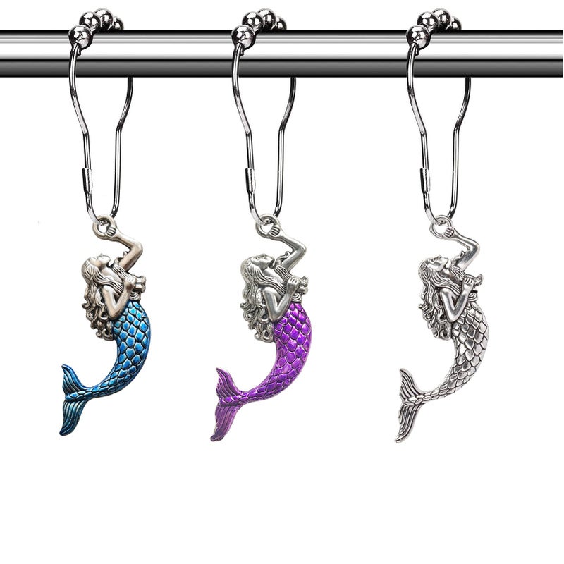 Aimoye Sea Mermaid Shower Curtain Hooks Rings Ocean Shower Hooks for Shower Curtain Silver Metal Shower Hooks Rust Proof Decorative Shower Curtain Set Accessory Beach Theme Bathroom Decor 12Pcs