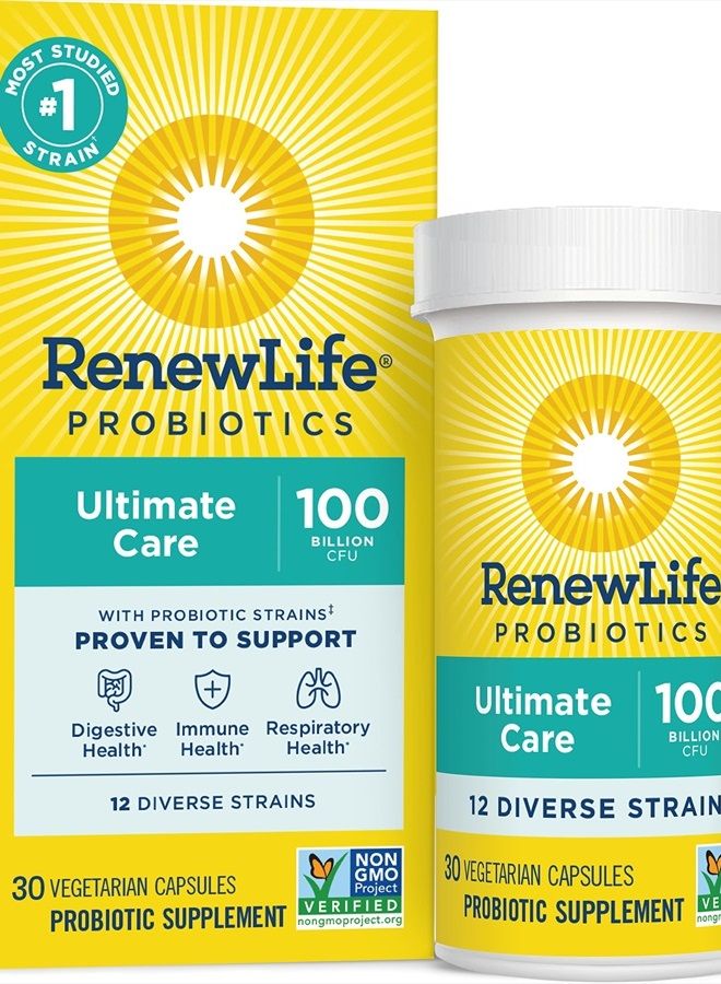 Renew Life Adult Probiotics, 100 Billion CFU Guaranteed, Ultimate Care Probiotic Supplement for Digestive & Immune Health, Shelf Stable, Gluten Dairy & Soy Free, 30 Capsules - Image 1